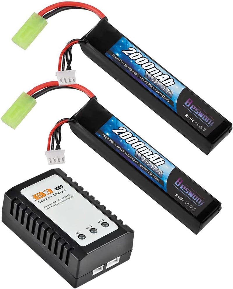 BESWON 2 Packs 11.1V Airsoft Battery 2000mAh 30C Rechargeable Lipo Battery Pack with 2S-3S Balance Charger for Airsoft Guns Rifle - Image 1